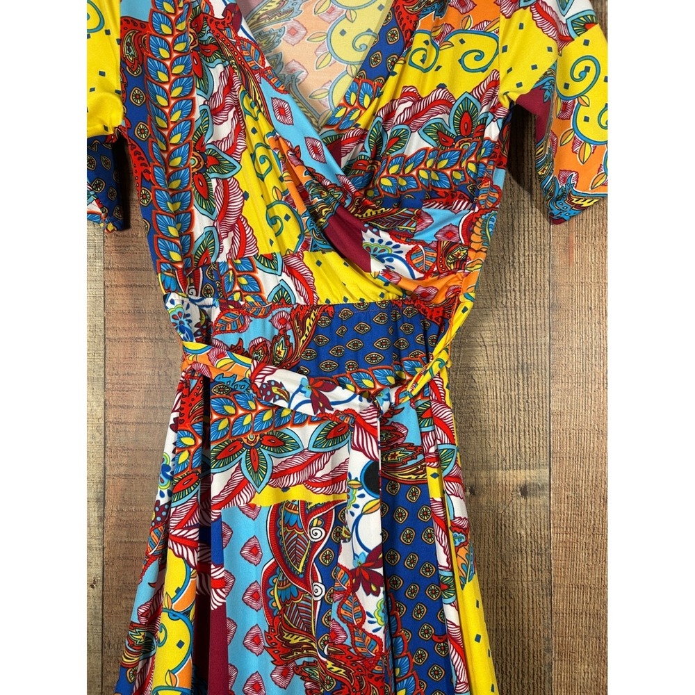 Boho Patchwork Maxi Dress Wrap Style Medium M Colorful Festival Flutter Sleeve - Picture 4 of 9